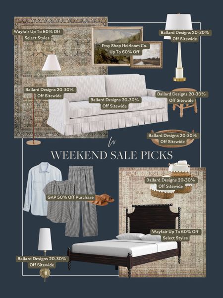 This weekends Sale Picks! There are so many good deals happening this weekend, in addition to the Wayfair Wayday sale! 

- 20-30% off Ballard Designs Sitewide 
- 50% off your purchase at Gap 
- 60% off select Etsy digital art 
- Up to 60% off Wayfair select finds 

#LTKsalealert #LTKhome #LTKstyletip