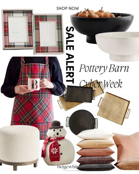 Sale alert at pottery barn!! From the gorgeous trays, throw pillows, and mug!! The picture frame is so cute and the ottomans are stunning!! Check out the cute snowman throw pillow! 

#LTKCyberWeek #LTKhome #LTKsalealert