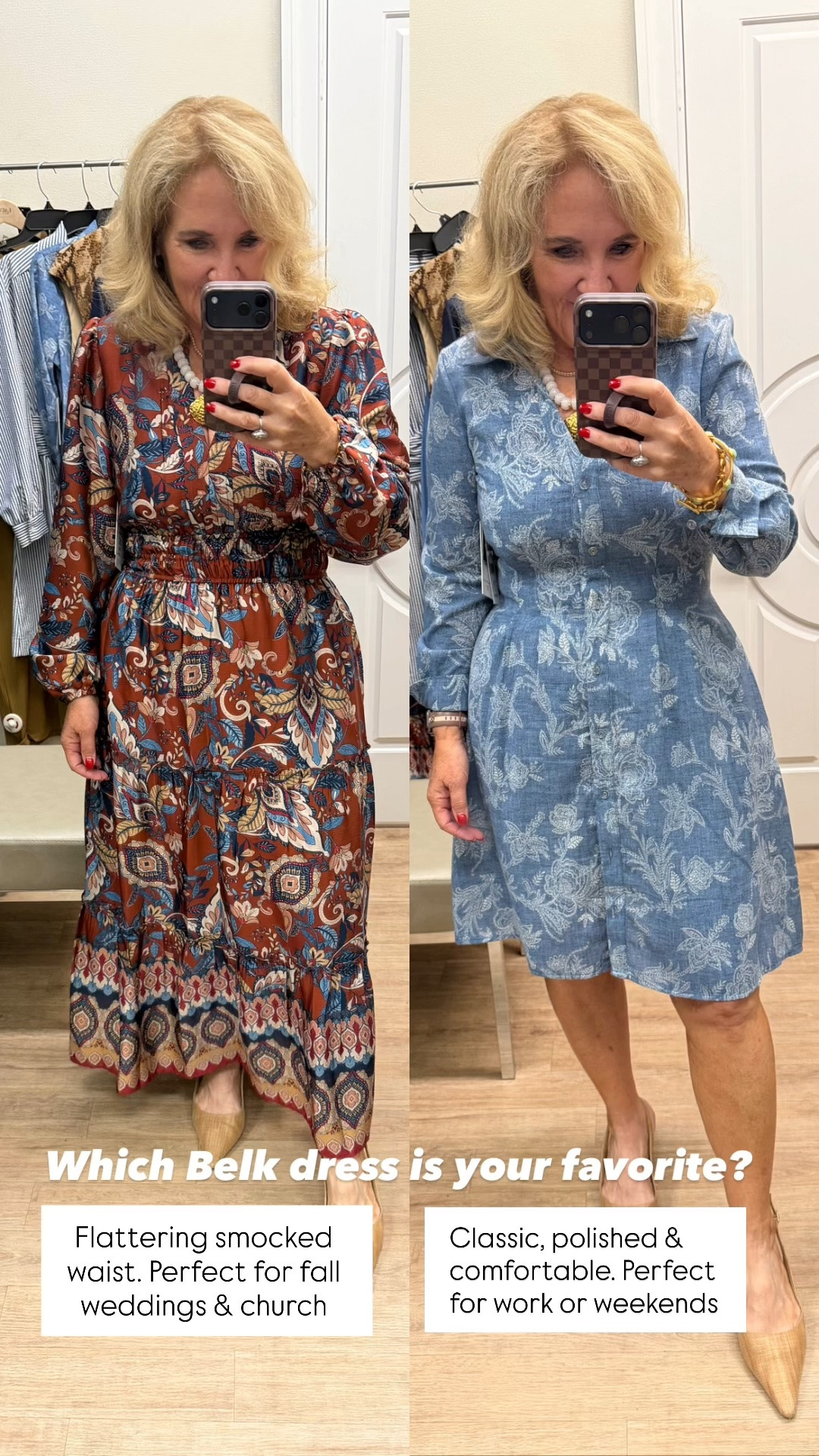 These Belk dresses are both such great options for fall! The printed midi has a flattering, flowy silhouette that’s perfect for weddings, church, or dinner out, while the blue floral shirt dress is polished, comfortable, and easy to wear for work or everyday. Which one is your favorite?

💡 LTK MADE EASY
❤️ Heart = Support my posts!
🔖 Save = Get sale & restock alerts
📋 Lists = Keep favorites organized
📲 Share = Send lists and products to a friend. Hello, Christmas List!
💬 Comment = Ask me anything about what I’m wearing.:-)

#LTKootd #LTKSaleAlert #LTKOver40
