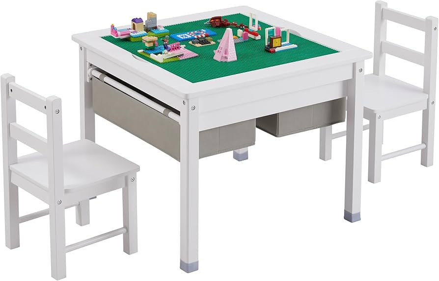 3 in 1 Kids Table and 2 Chairs Set with Storage Drawers, Toddler Construction Play Table with Det... | Amazon (US)