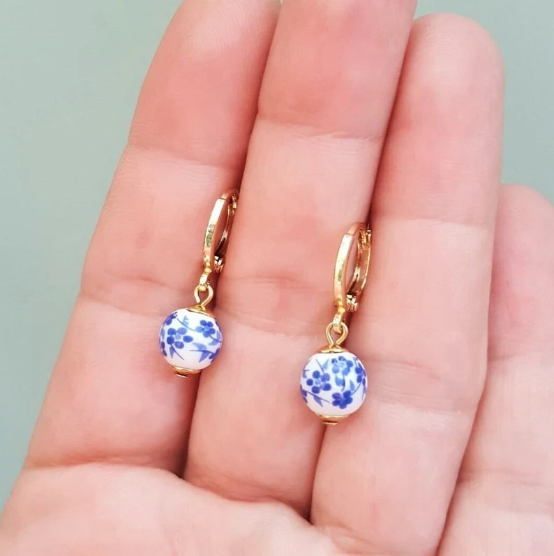 Blue Floral Ceramic Bead Hoop Earrings: Gold or Silver Plated, Handmade by Detail London. | Etsy (US)
