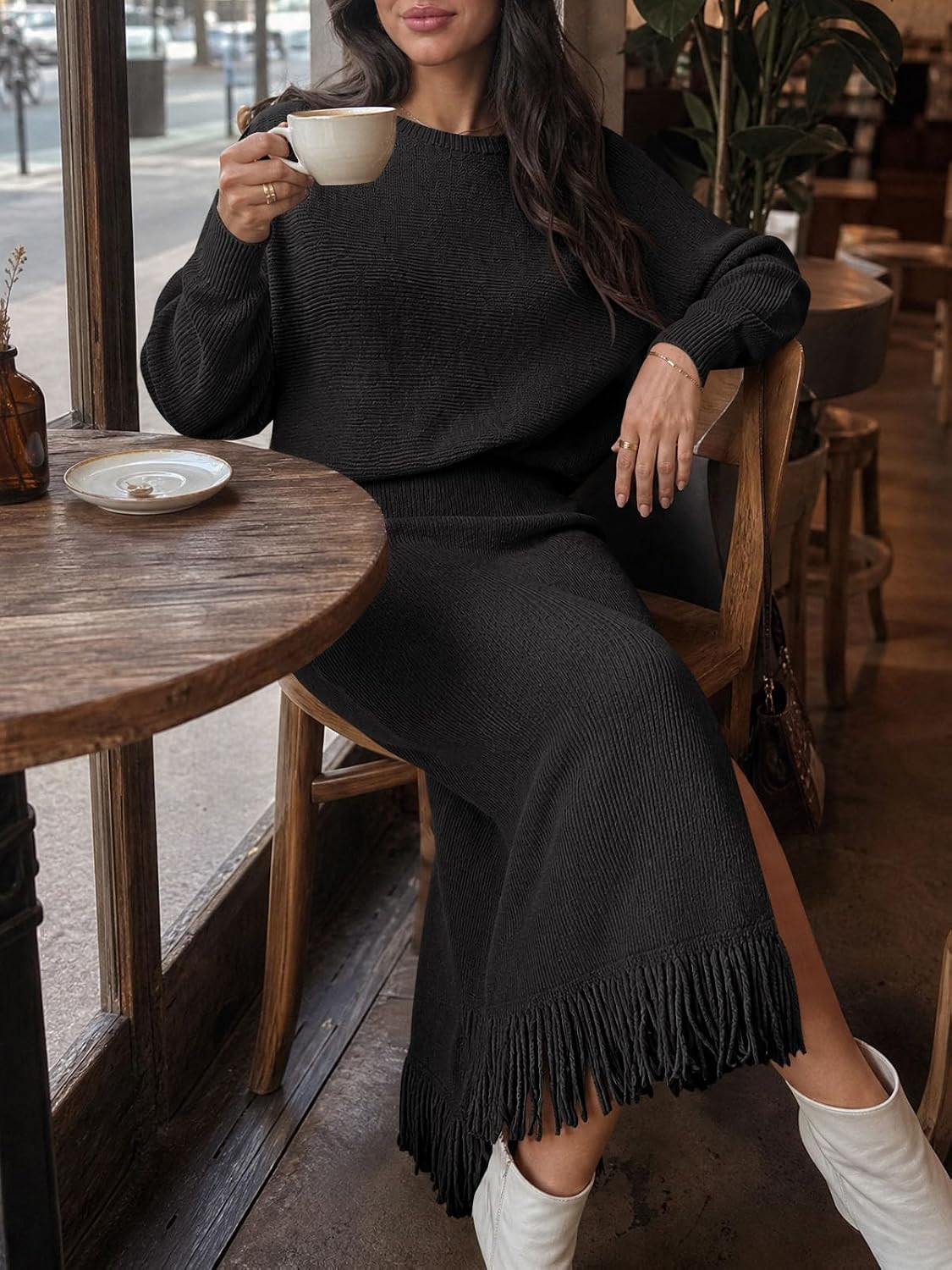 Saodimallsu Womens 2 Piece Skirt Set Fringe Side Slit Winter Sweater Set | Amazon (US)