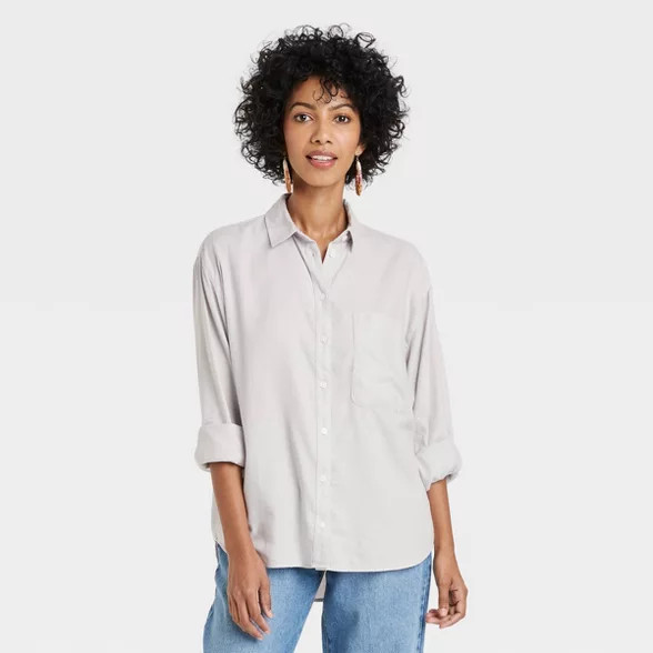 Women's Long Sleeve Button-Down Boyfriend Shirt - A New Day™ Gray XS | Target