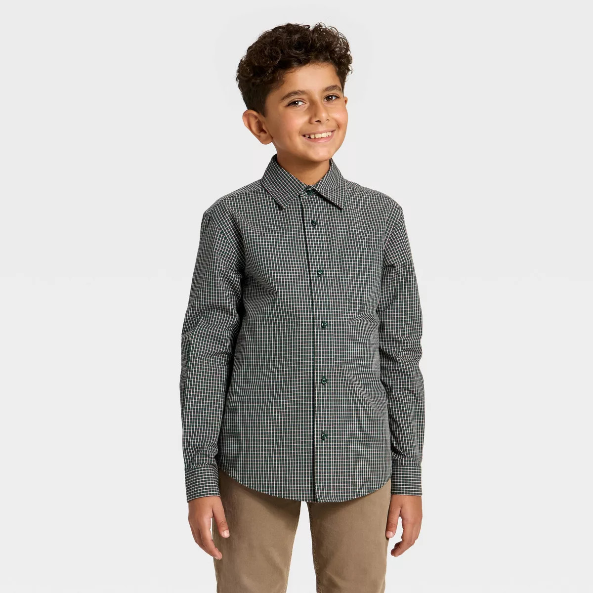 Boys' Long Sleeve Holiday Plaid Button-Down Dress Shirt - Cat & Jack™ Dark Green | Target