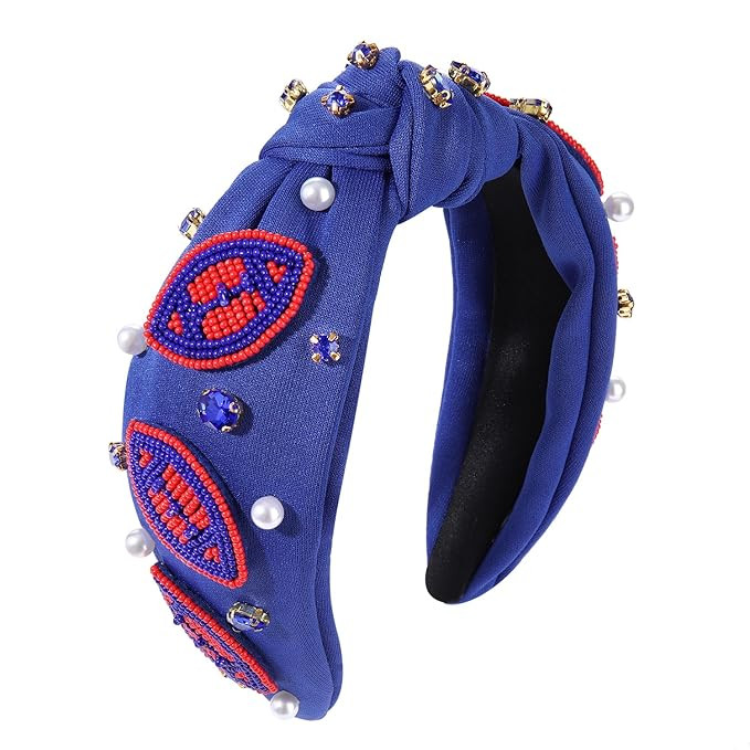 Game Day Headbands for Women Beaded Football Knotted Headband Pearl Crystal Embellished Wide Head... | Amazon (US)