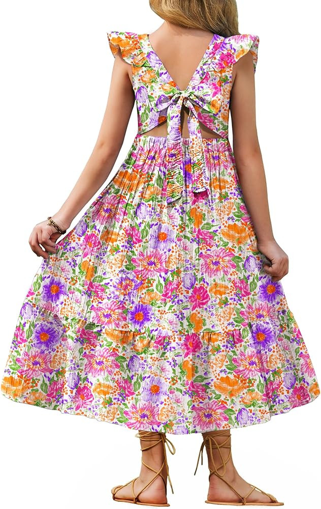 Arshiner Girls Summer Tie Back Dress Tween Boho Casual Square Neck Flutter Sleeve Maxi Dresses wi... | Amazon (US)