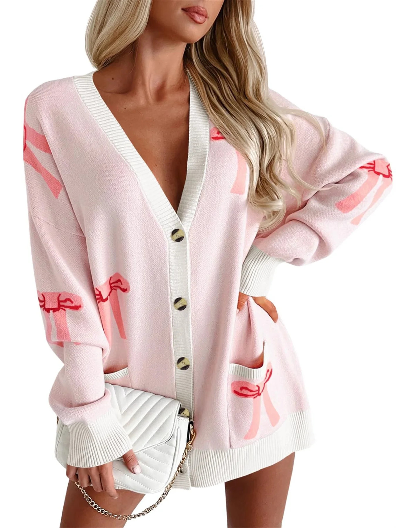 Oversized Cardigan Sweater Women's Bow Print Button V Neck Long Sleeve Loose Knitted Autumn Fashi... | Walmart (US)