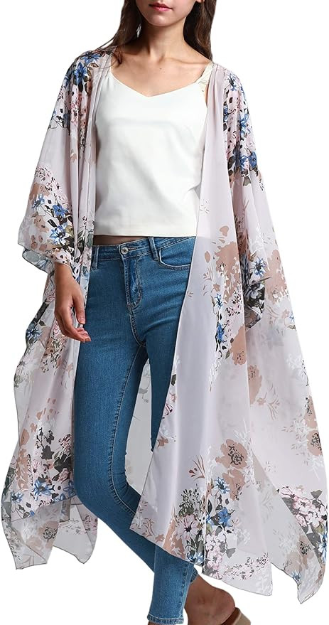 Hibluco Women's Fashion Chiffon Floral Kimono Cardigan Long Swimwear Cover Ups | Amazon (US)