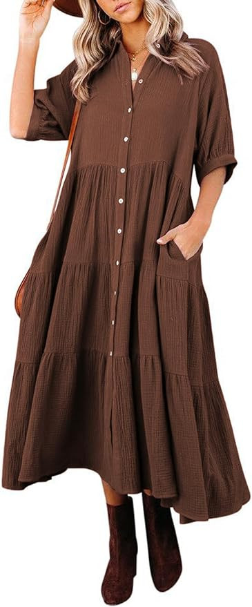 R.Vivimos Women's Summer Cotton Half Sleeves Button Down Casual Loose Slit Midi Dress with Pocket... | Amazon (US)