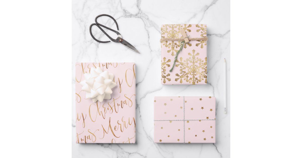 Gold Pink Merry Christmas Script Snowflakes Stars Wrapping Paper Sheets | Zazzle.com | Zazzle