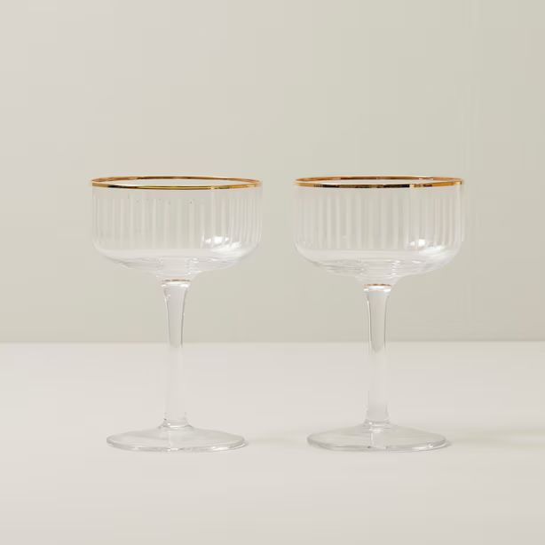 SET OF 2 RIBBED COUPE GLASSES GOLD RIM | Indigo (CA)