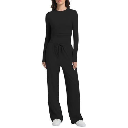 SXGYH 2 Piece Lounge Sets for Women Fall Outfits Long Sleeve Wide Leg Tracksuits Womens Two Pcs Casual Matching Loungewear Set (Black, Medium) | Amazon (US)