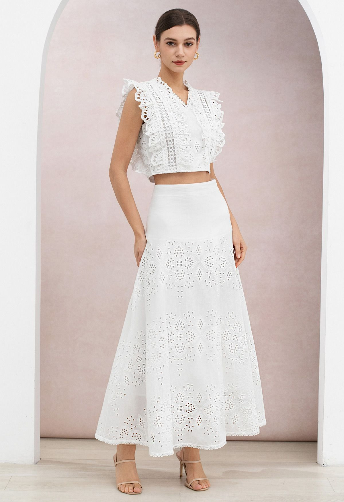 Eyelet Embroidery Ruffle Sleeveless Crop Top and Maxi Skirt Set in White for Beach Weddings & Sun... | Chicwish