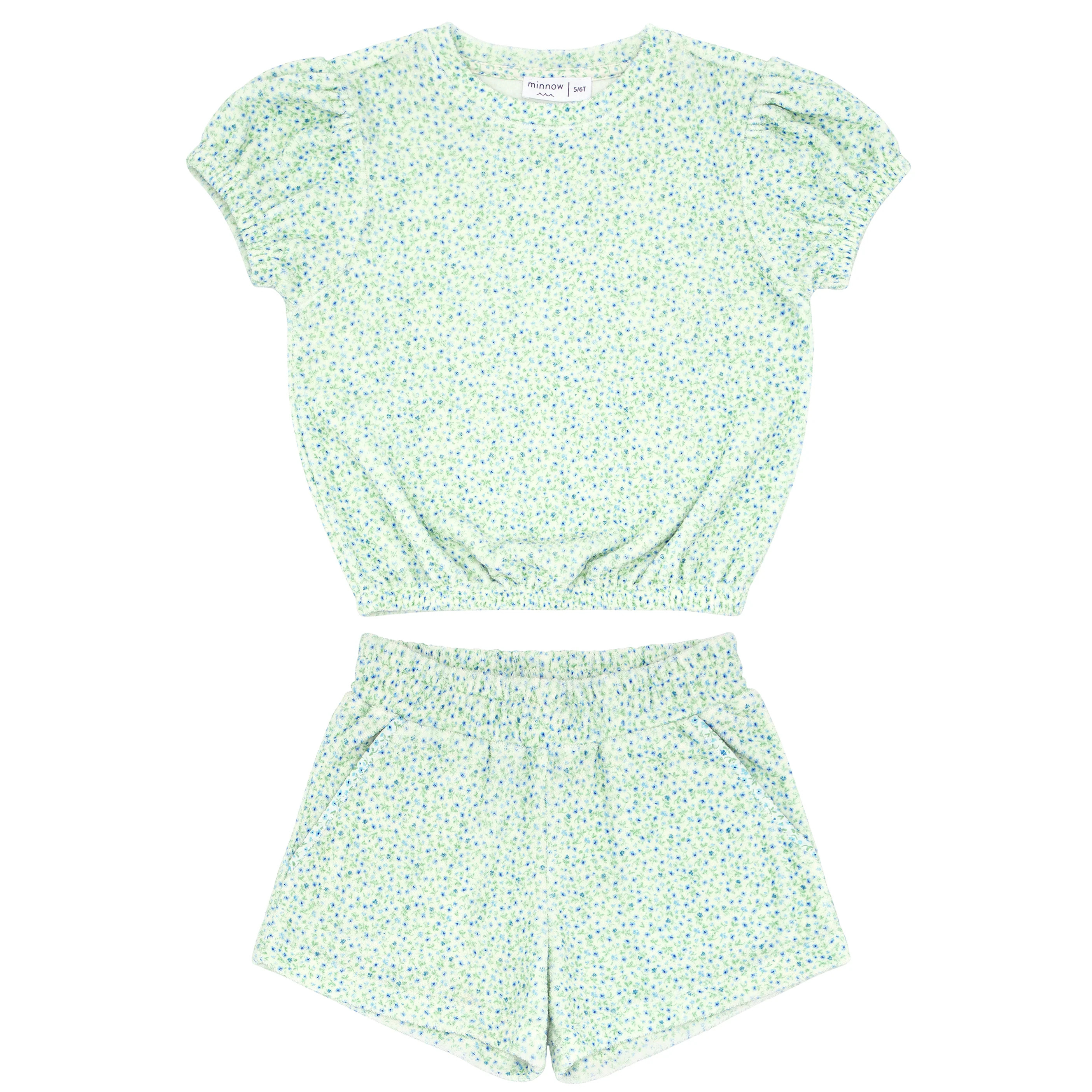 girls hibiscus ditsy puff sleeve french terry top and short set | minnow