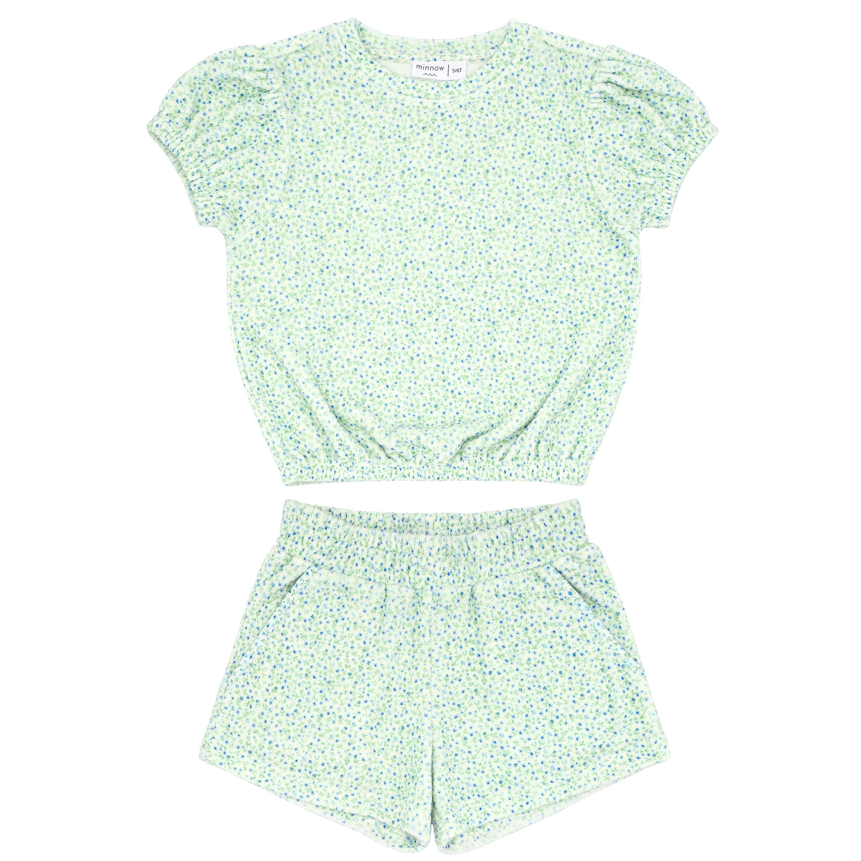 girls hibiscus ditsy puff sleeve french terry top and short set | minnow swim | minnow