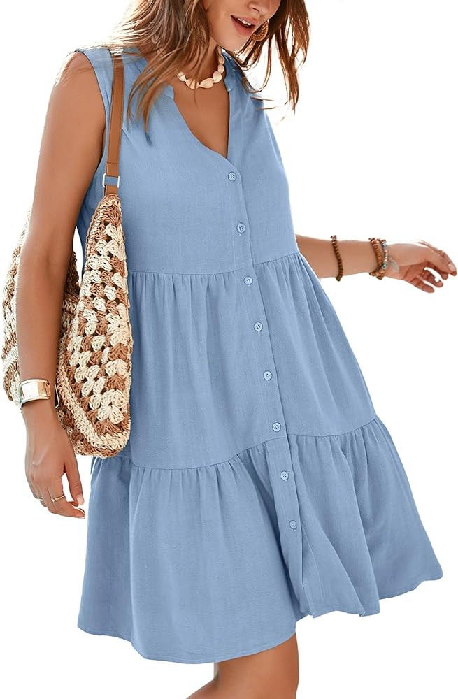 Simplee Women’s Sleeveless Linen Summer Dress Casual Button Down Mini Dress Flowy Beach Sundres... | Amazon (US)