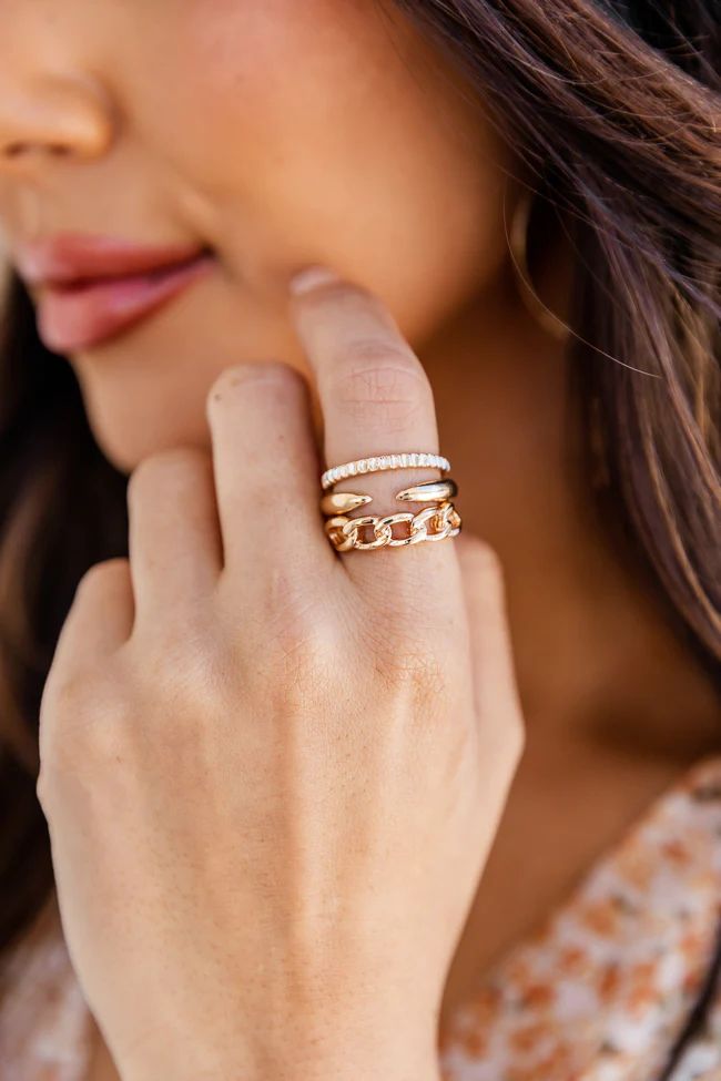 Crash And Burn Gold 3 Piece Ring Set | Pink Lily