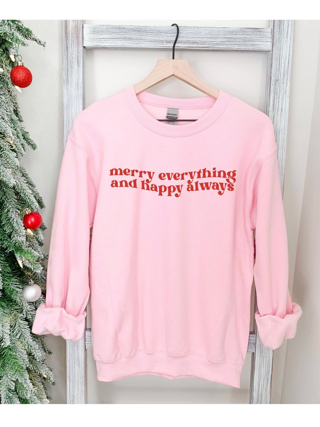 Merry Everything Happy Always Pink And Red Christmas Crewneck Sweatshirt, Christmas Gift, Pullove... | Etsy (US)