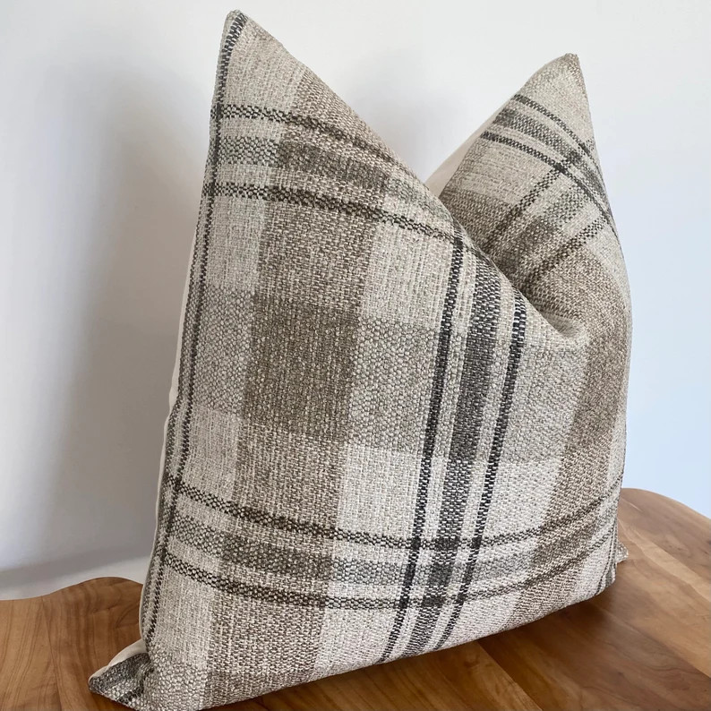 Beige Gold Gray Plaid Check Throw Pillow Cover USA Made - Etsy | Etsy (US)