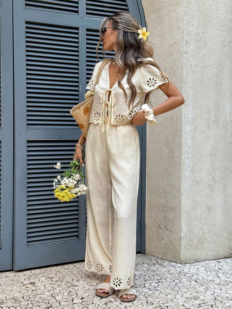 Serisse Women's Light Beige Summer Boho Beach Vacation Holiday 2 Pieces Set,Laser Cut Embroidery Bubble Sleeve Tie Front Top&High-Waisted Wide-Leg Pants Set | SHEIN