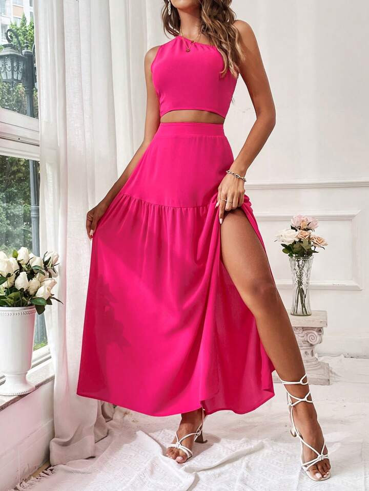 SHEIN VCAY Sunmmer Romantic Valentine's Day Women's Solid Color Two Piece Set For Vacation | SHEIN