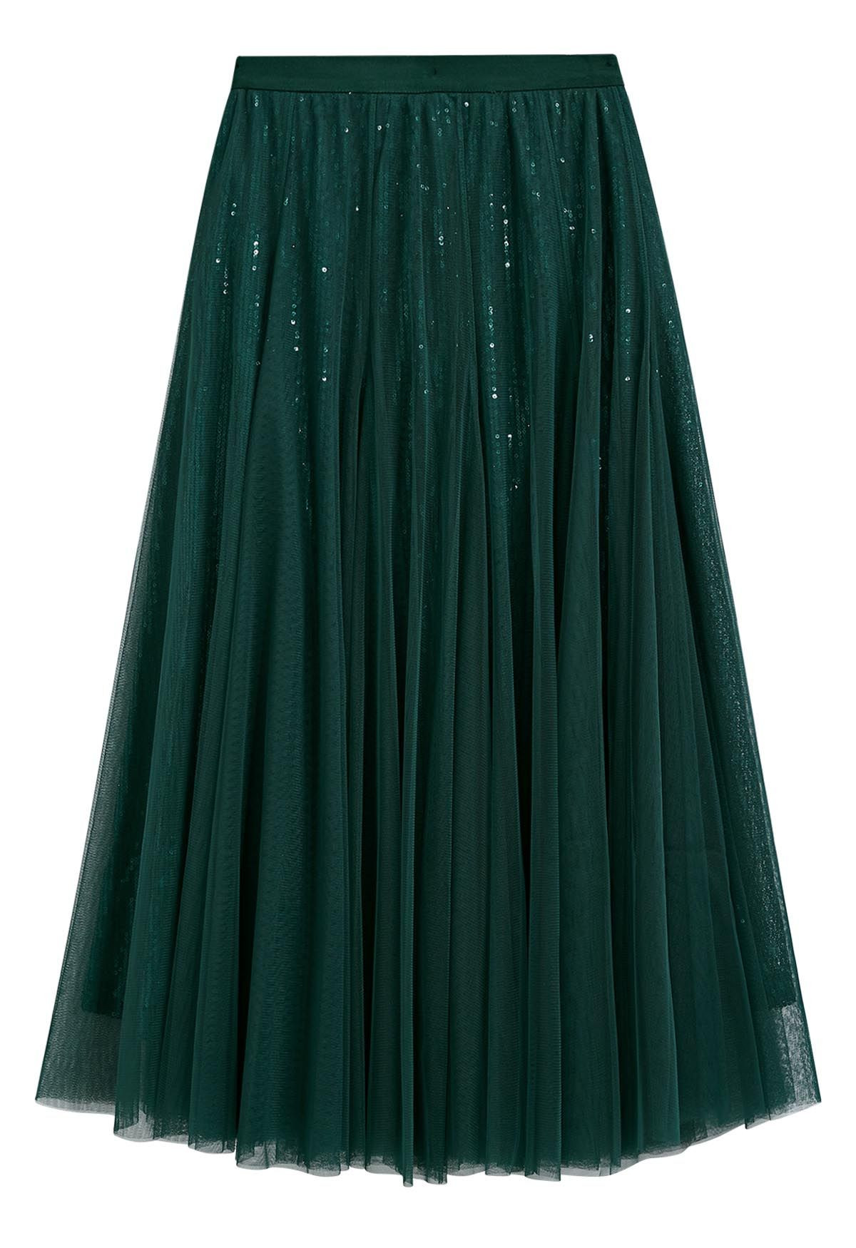 Ravishing Sequins Mesh Tulle Midi Skirt in Dark Green | Chicwish