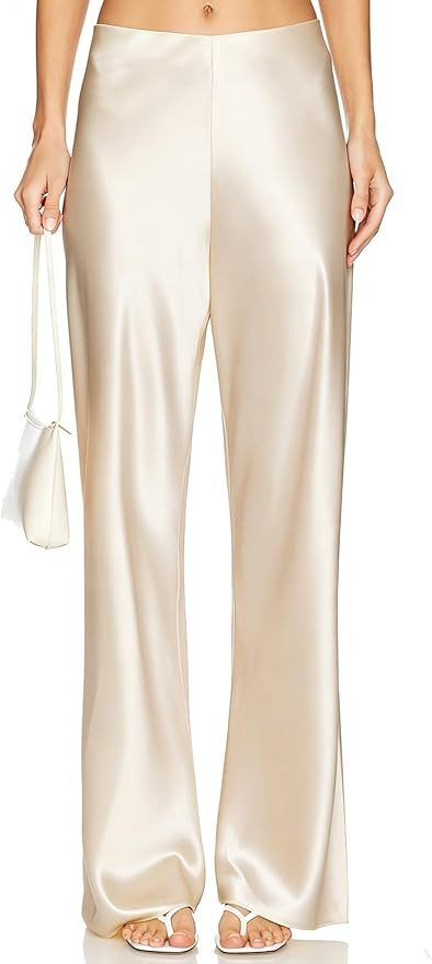 Women's Satin Wide Leg Dress Pants Hidden Elasticized Waistband Silk Casual Long Flowy Loose Trou... | Amazon (US)