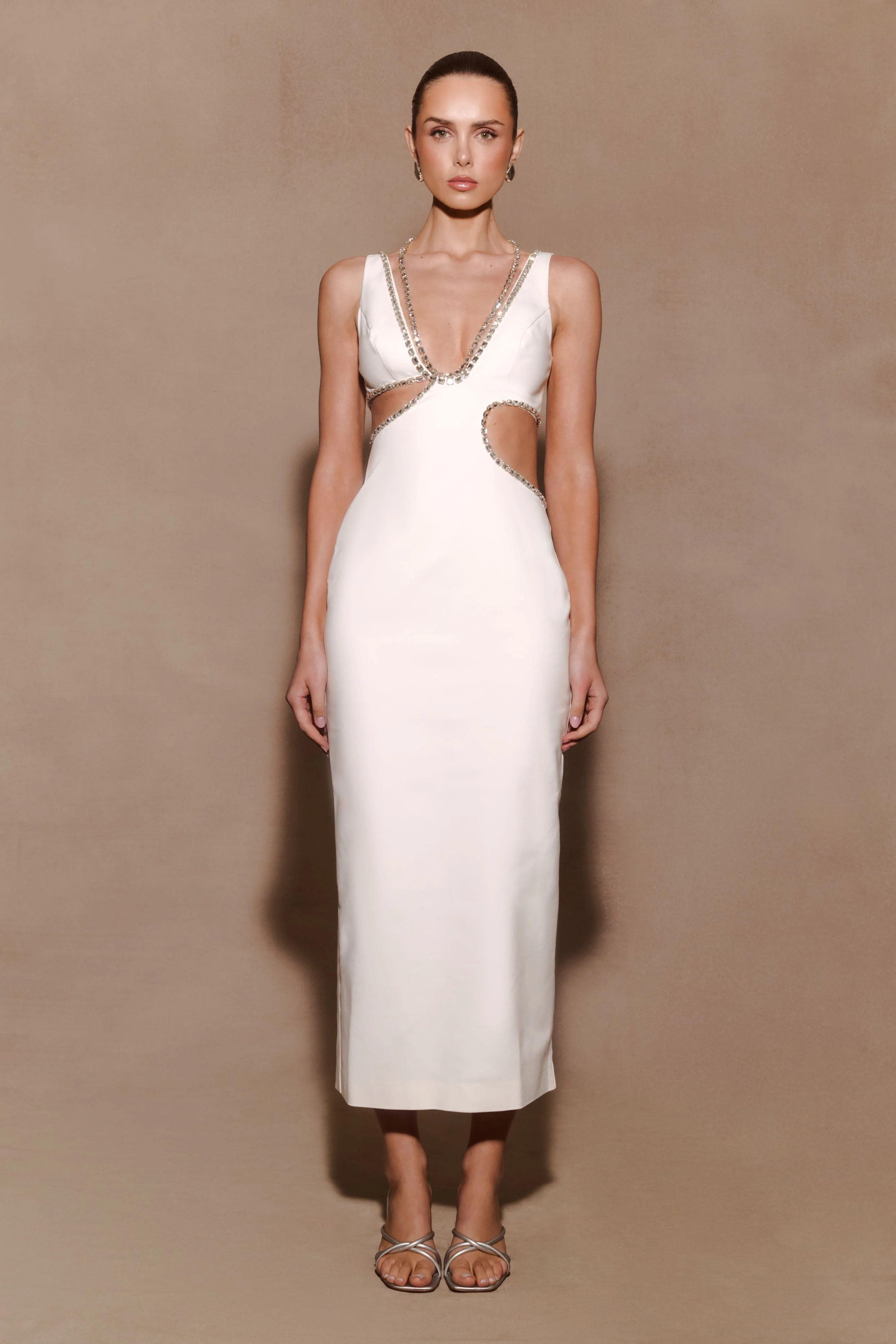 Henny Diamante Trim Cut Out Midi Dress - White | MESHKI US