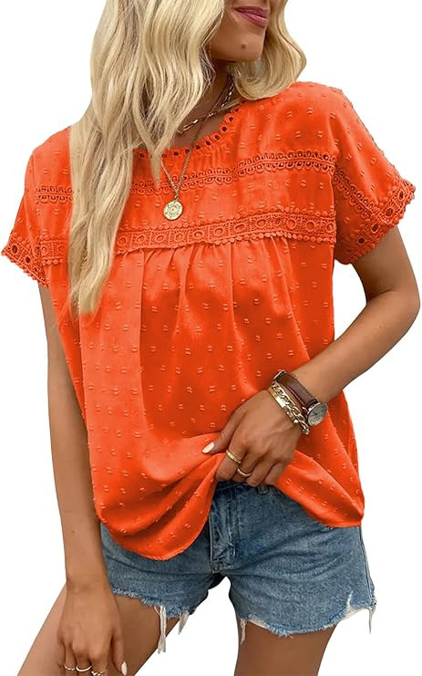 Poetsky Womens Summer Short Sleeve Lace Crochet Blouses Flowy Babydoll Dressy Casual Work Tops | Amazon (US)