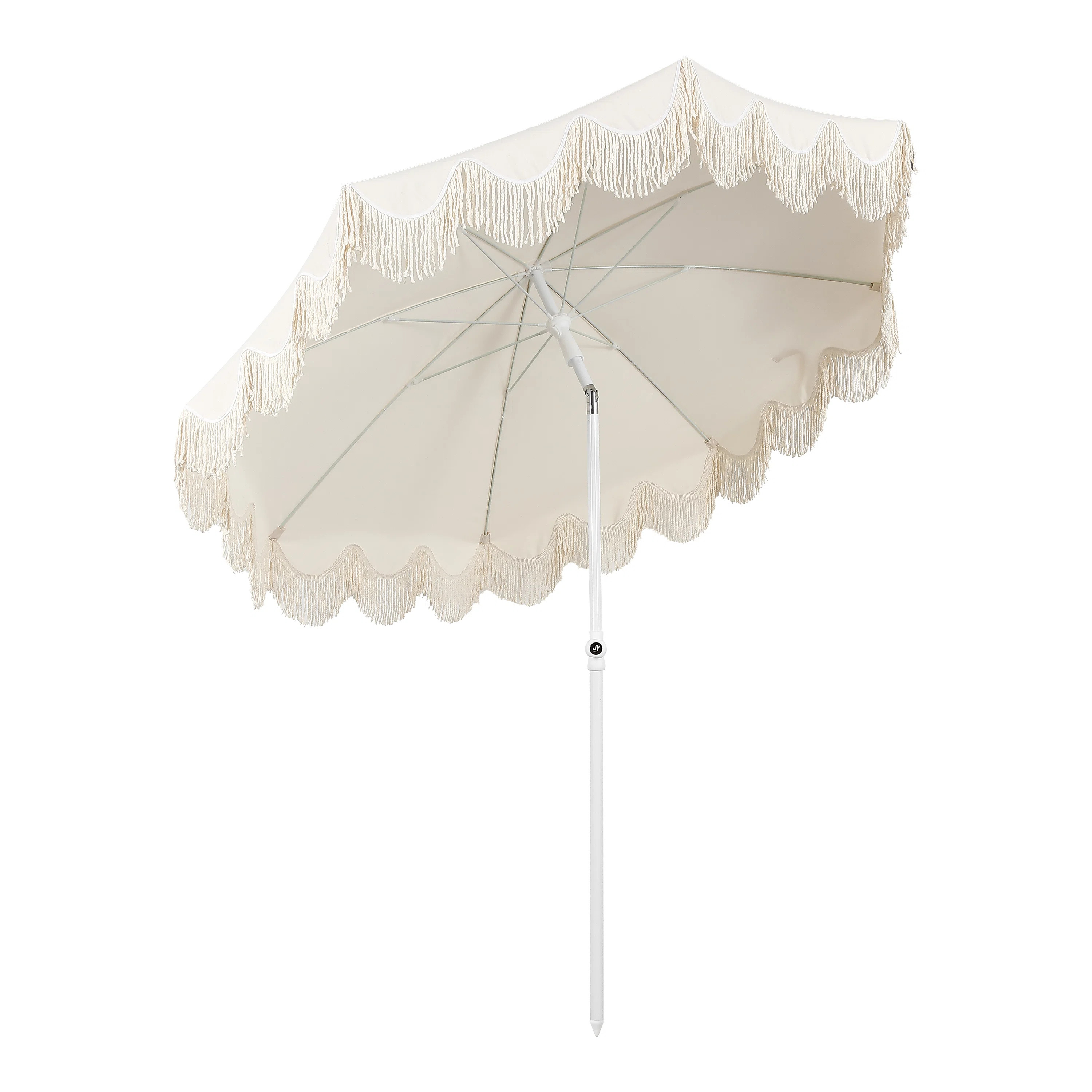 Mariner 6.5 ft. Solid Round Outdoor Beach Umbrella with Fringe, Push-Button Tilt, UV 50, Cream Ca... | Wayfair North America