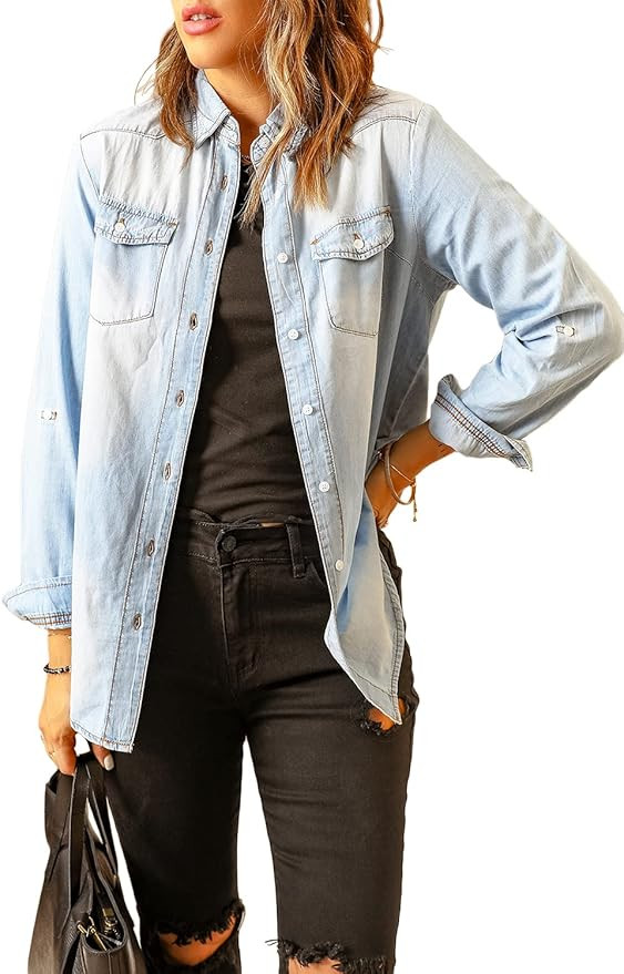 LookbookStore Women's Long Sleeve Collared Shirt Button Down Denim Blouse Tops | Amazon (US)