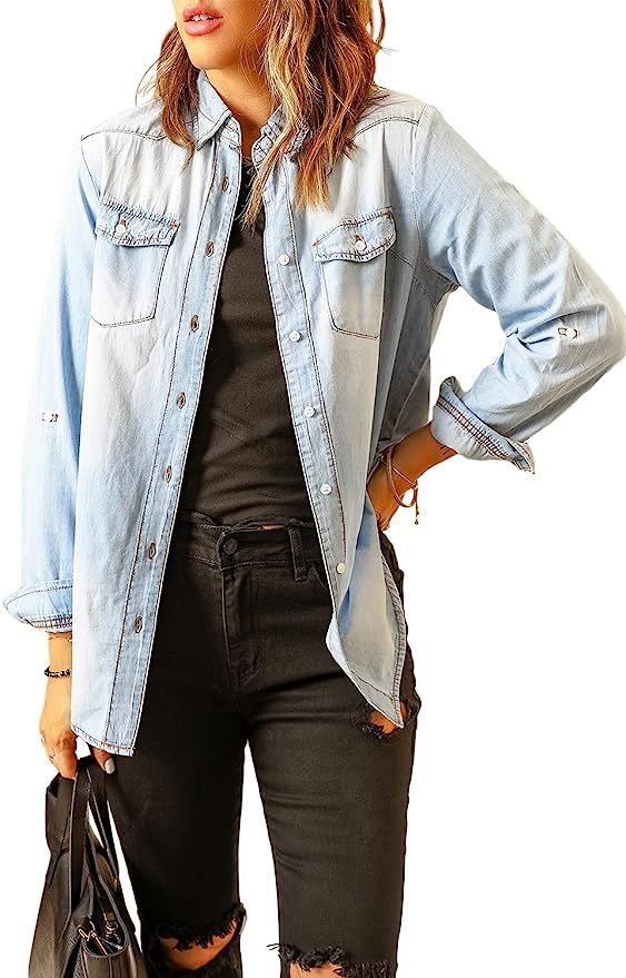 LookbookStore Women's Long Sleeve Collared Shirt Button Down Denim Blouse Tops | Amazon (US)