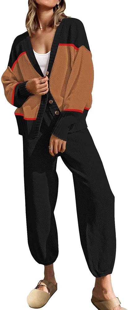 SAUKOLE Womens Two Piece Outfits Knit Sweater Sets Oversized Button Down Cardigan and Long Pants ... | Amazon (US)