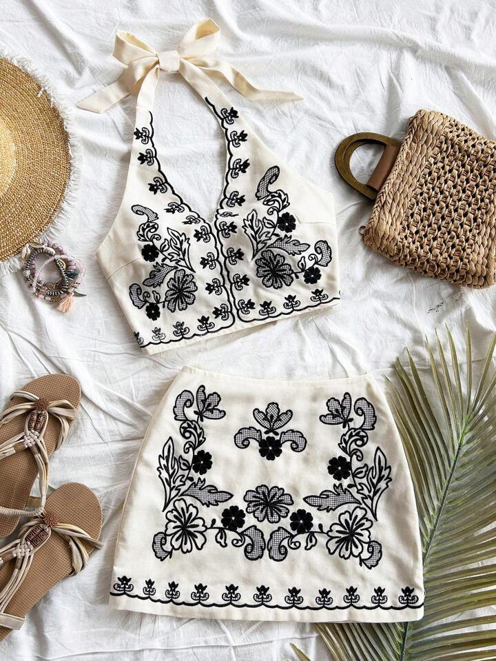 Soleia Ladies Vacation Apricot Base Black Flower Embroidered Halter Neck Bowknot Crop Top And A-L... | SHEIN