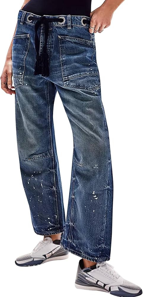 Barrel Jeans Women 2024 Trendy Low Rise Drawstring Baggy Jeans Vintage Pant Casual Wide Leg Horse... | Amazon (US)