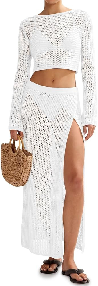 Saodimallsu Womens Crochet Beach Cover Ups Set 2 Piece 2026 Boat Neck Crop Long Sleeve Tops High ... | Amazon (US)