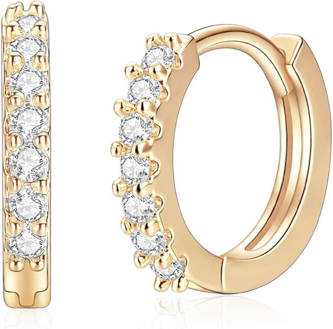 14k Gold/Silver/Rose Gold Plated Huggie Earrings CZ Tiny Small Hoop Earrings Heart Lock Spike Cro... | Amazon (US)