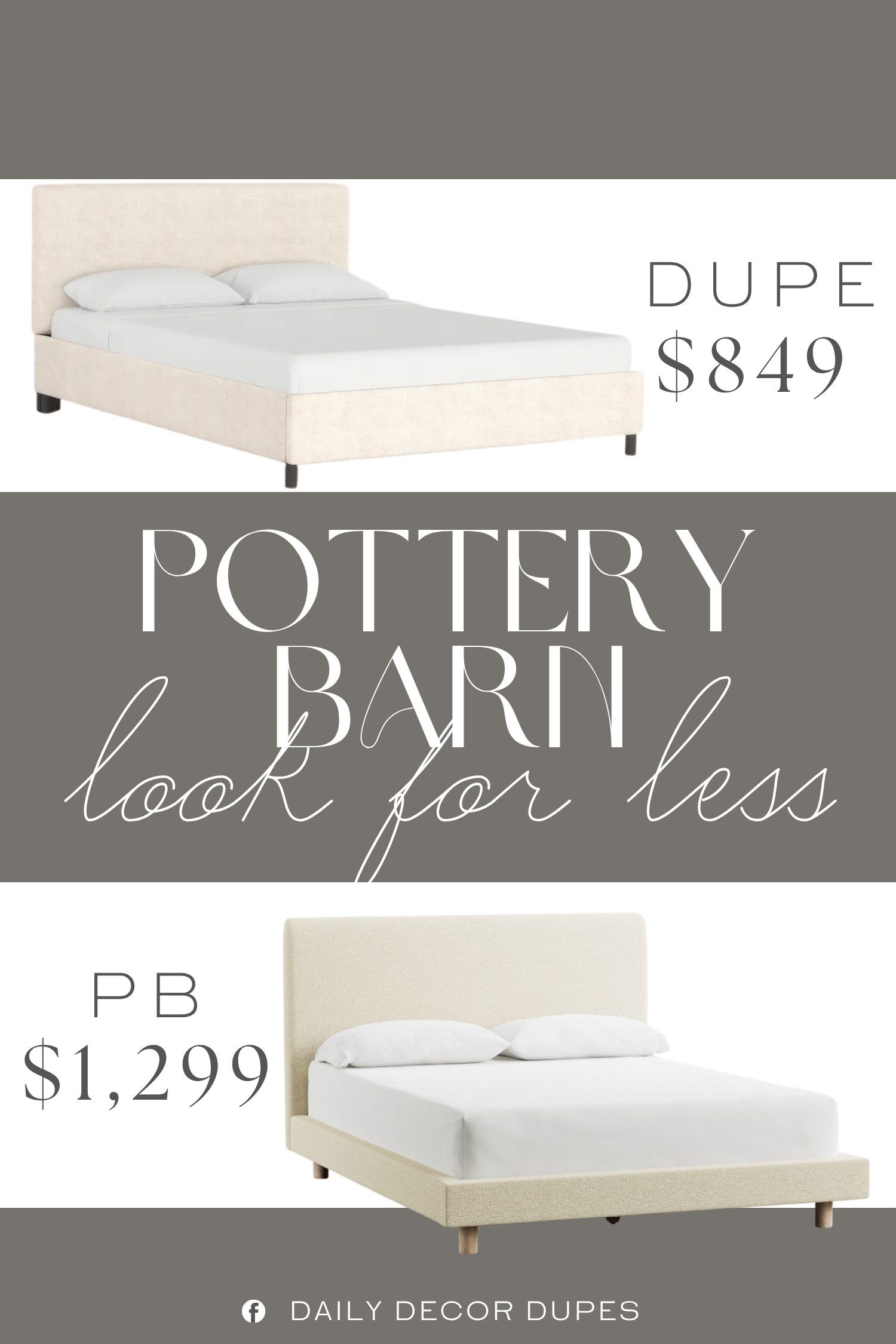 Soft, tailored, and effortlessly inviting, this upholstered bed makes the bedroom feel instantly more finished. 🤍 The Pottery Barn Cayman Upholstered Bed features a clean-lined silhouette, generously padded headboard, and neutral upholstery that works beautifully with a range of bedroom styles. Its understated design creates a cozy backdrop for layered bedding, textured pillows, warm wood accents, and neutral decor, making it especially versatile for modern, coastal, and transitional bedrooms. A similar option around $849 offers the same elevated upholstered look at a more approachable price point. 🛏️✨🤍

Home more affordable option find similar look for less budget friendly affordable cheap cheaper beautiful pretty. Clearance sale coupon code discount code promo code luxury Inspo inspiration inspired by idea ideas Love like these? I share multiple every day in my FB group.
#PotteryBarnInspired #CaymanUpholsteredBed #UpholsteredBed #UpholsteredHeadboard #BedroomFurniture #NeutralBedroom #FurnitureFinds #BedroomInspo 

 #LTKHome