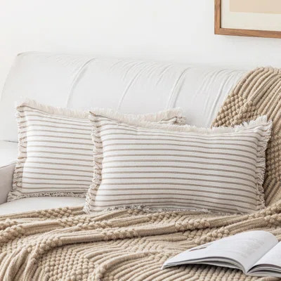 Striped Farmhouse Throw Pillow Covers 12X20 Set Of 2 Boho Pillow Cover With Fringe Tassel Chic Cotton Decorative Pillows Modern Neutral Lumbar Cushion | Wayfair North America