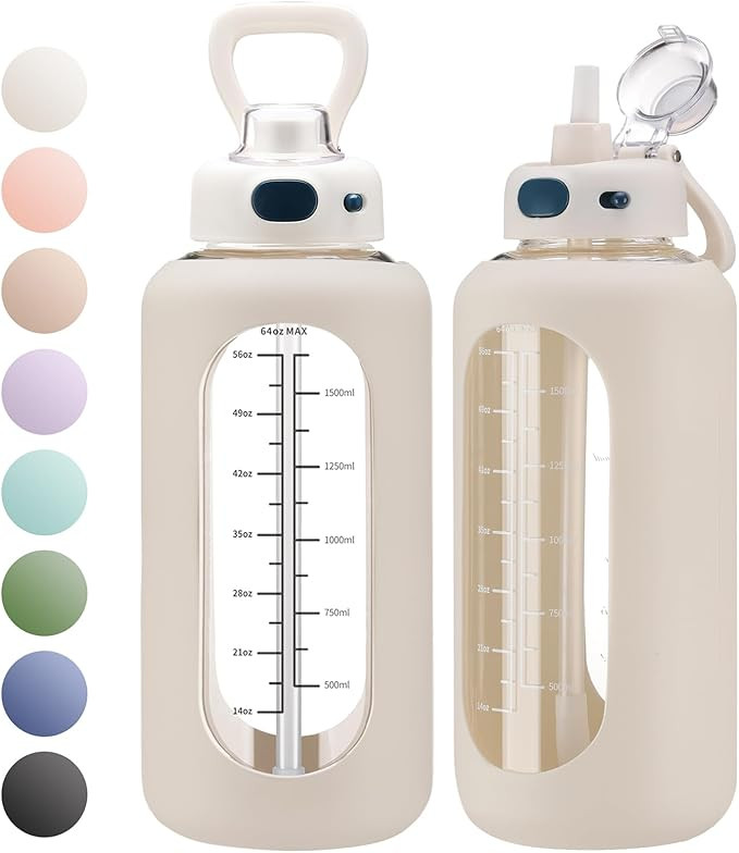 SIEROZUR 64 oz Glass Water Bottle with Straw and Handle Large Sports Motivational Water Bottle Fl... | Amazon (US)