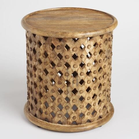 Round Lattice Carved Wood Accent Table | World Market