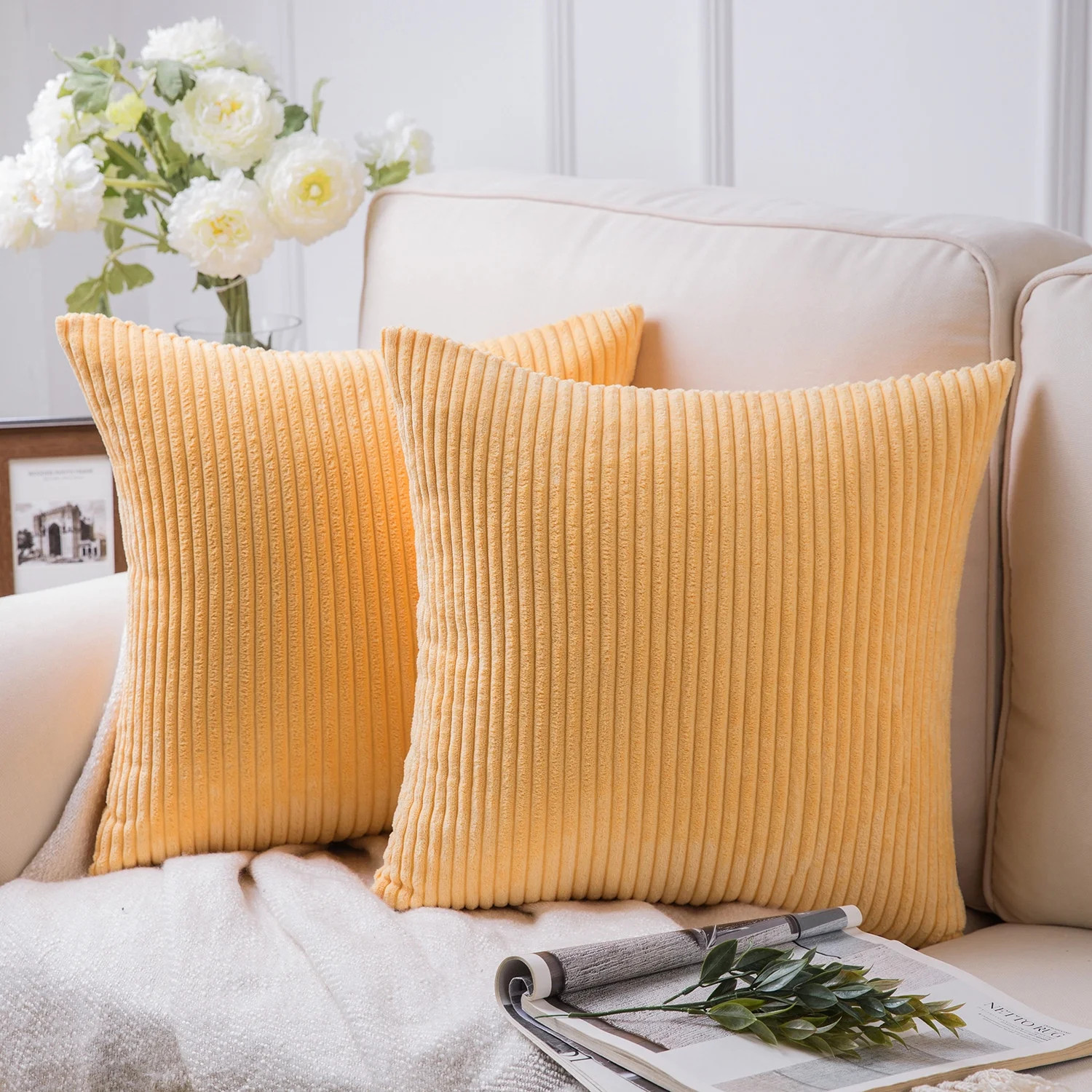 Soft Corduroy Striped Velvet Series Decorative Throw Pillow, 18" x 18", Beige, 2 Pack | Walmart (US)