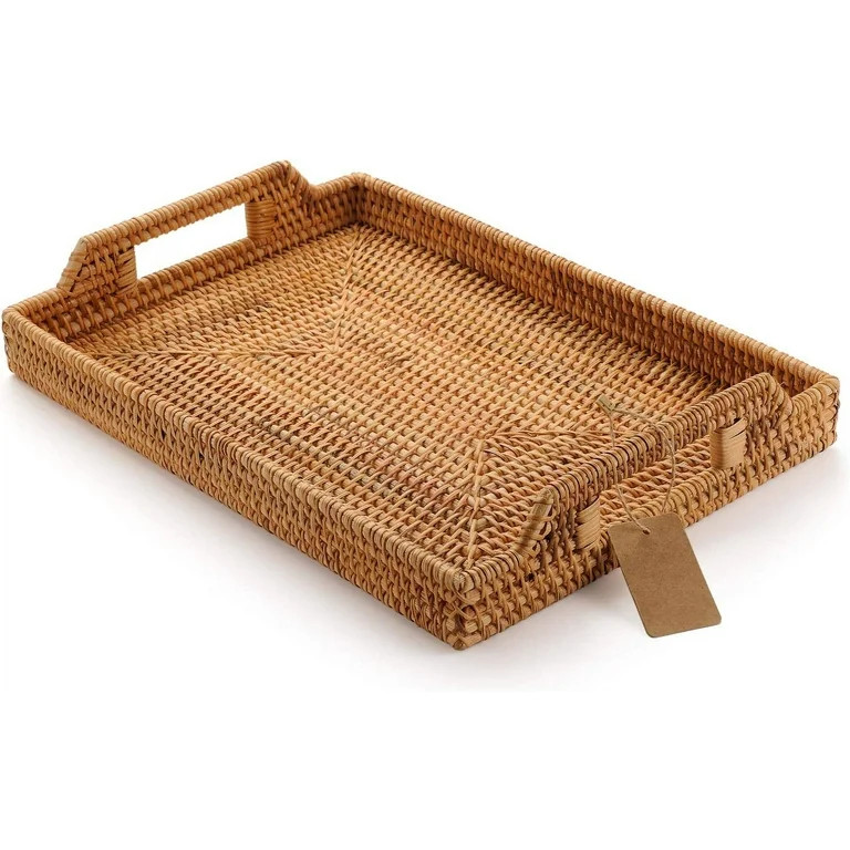 DanceeMangoo Hand-Woven Rattan Rectangular Serving Tray with Handles for Breakfast, Drinks, Snack... | Walmart (US)