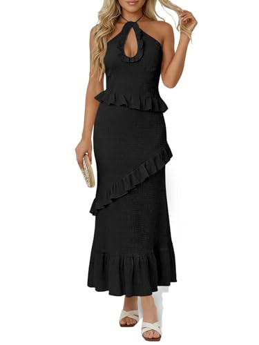 Wenrine Womens Sexy Halter Maxi Dress Cutout Sleeveless Ruffle Tassel Backless Party Club Summer Dresses Black | Amazon (US)