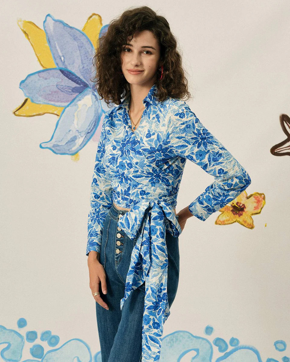 The Textured Wrap Blouse & Reviews - Blue - Tops | RIHOAS | rihoas.com