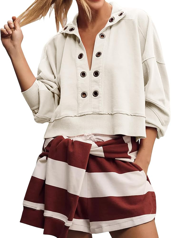 Kissonic Women's Deep V Neck Pieced Popover Top Long Sleeve Crop Henley Casual Pullover with Meta... | Amazon (US)