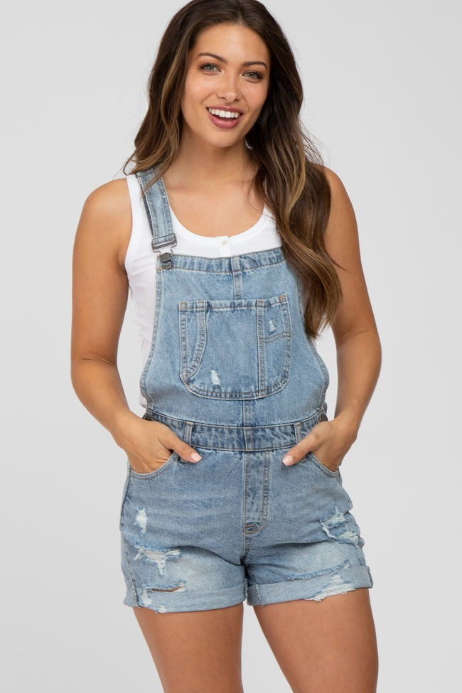 Blue Distressed Maternity Denim Short Overalls | PinkBlush Maternity