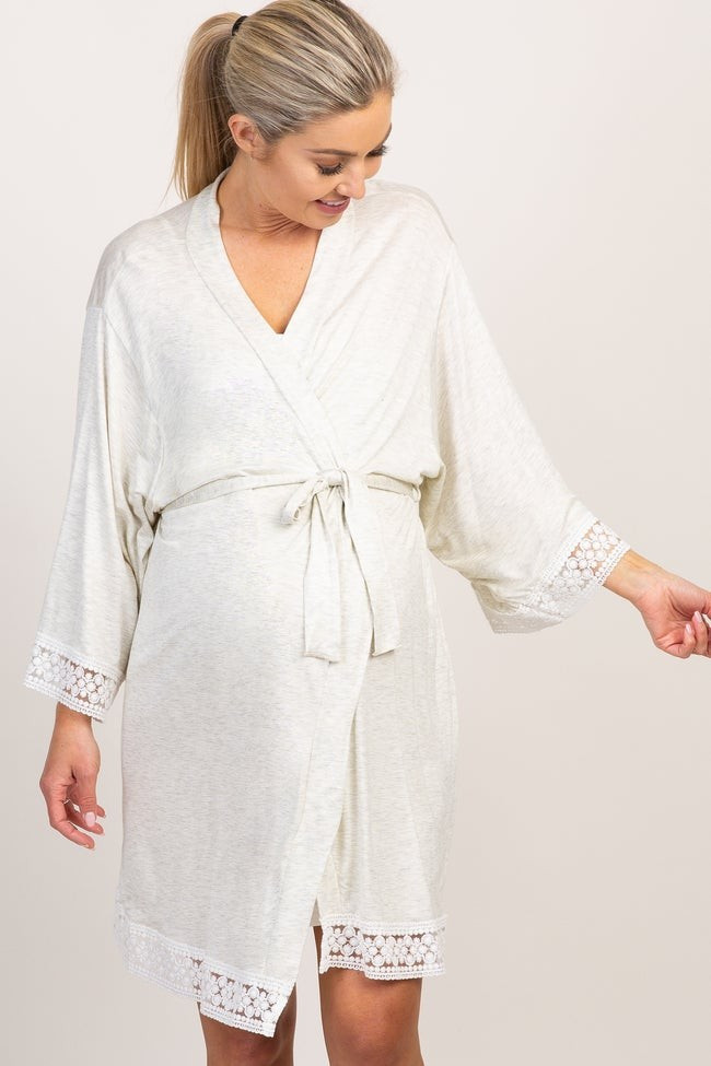 PinkBlush Beige Crochet Trim Maternity Delivery/Nursing Robe | PinkBlush Maternity