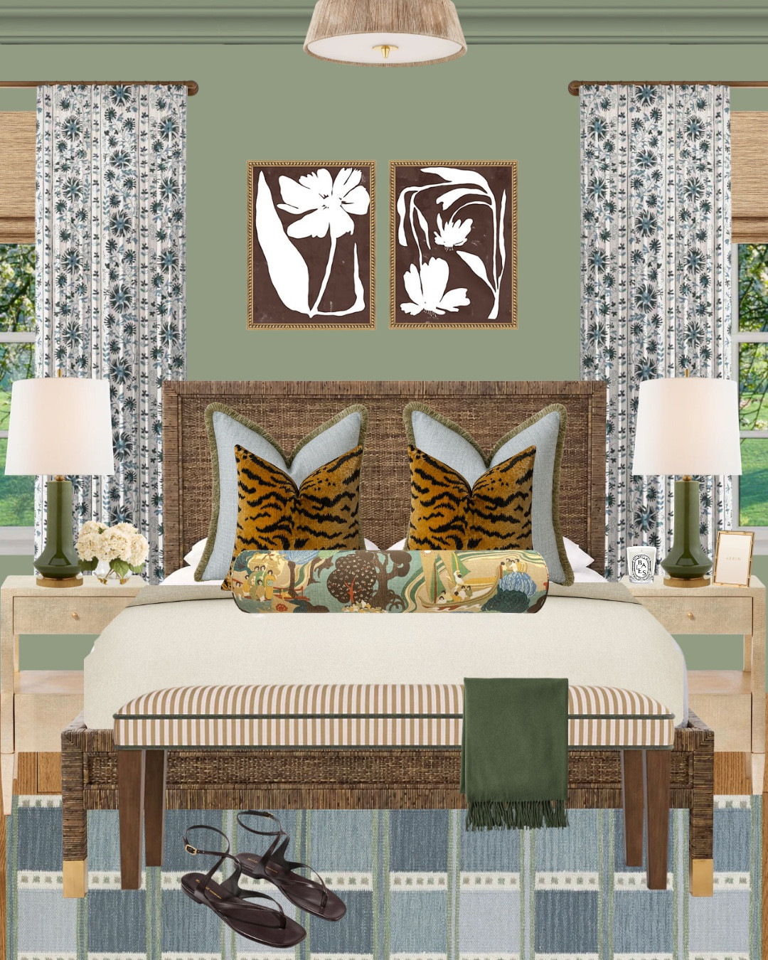 Classic, layered bedroom design full of personality—mixing pattern, texture and warm wood tones for a timeless yet fresh look. Think green bedroom, rattan bed, suzani patterned curtains, striped bench and a collected mix of pillows (from a tailored solid to a bold animal print to a chinoiserie bolster). Shop the full look + budget-friendly swaps linked here.

Rattan flush mount, floral brown art, linen duvet, blue flat weave rug, bamboo shades, green lamp, green throw, tiger print pillow, blue pillow with green fringe, Schumacher chinoiserie pillow, light wood nightstand, blue and green rug, blue and green pillow, blue and green curtains, designer dupes, curtain rod 

#LTKSaleAlert #LTKHome #LTKOver40