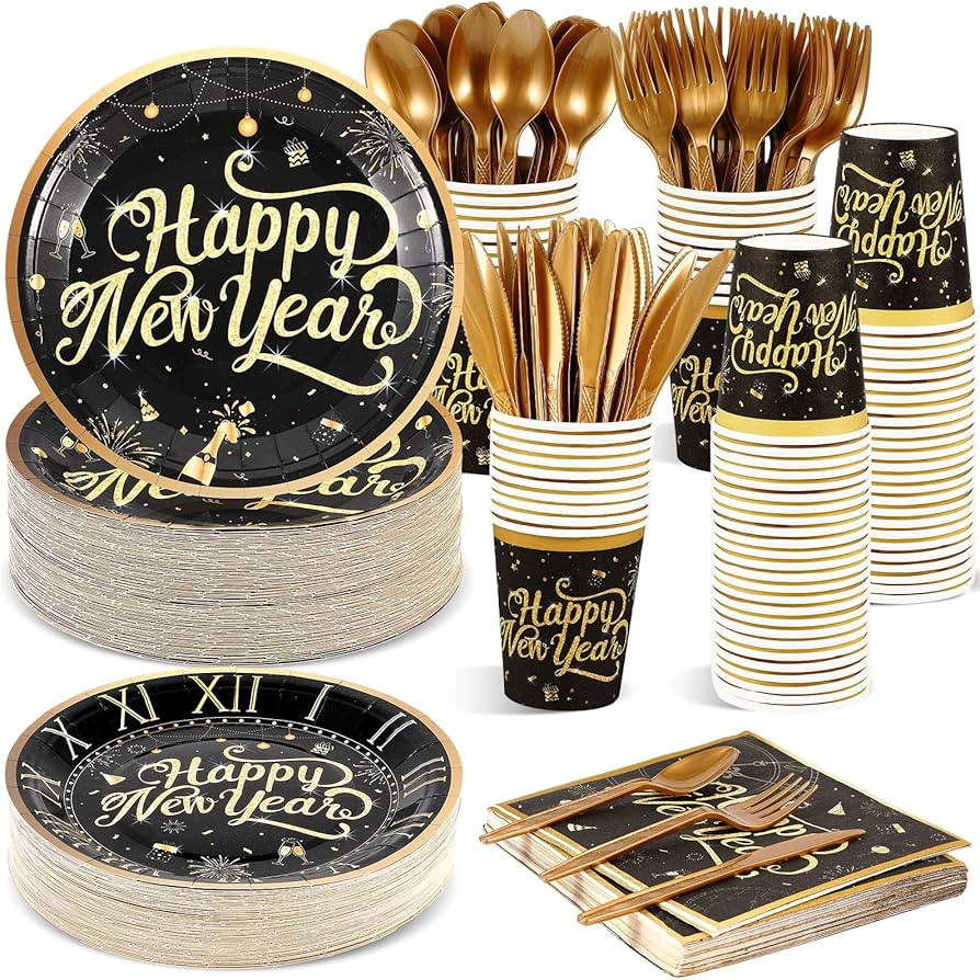 Zhehao 350 Pcs Happy New Year Party Supplies Tableware 2026 New Years Eve Dinnerware Set for 50 G... | Amazon (US)
